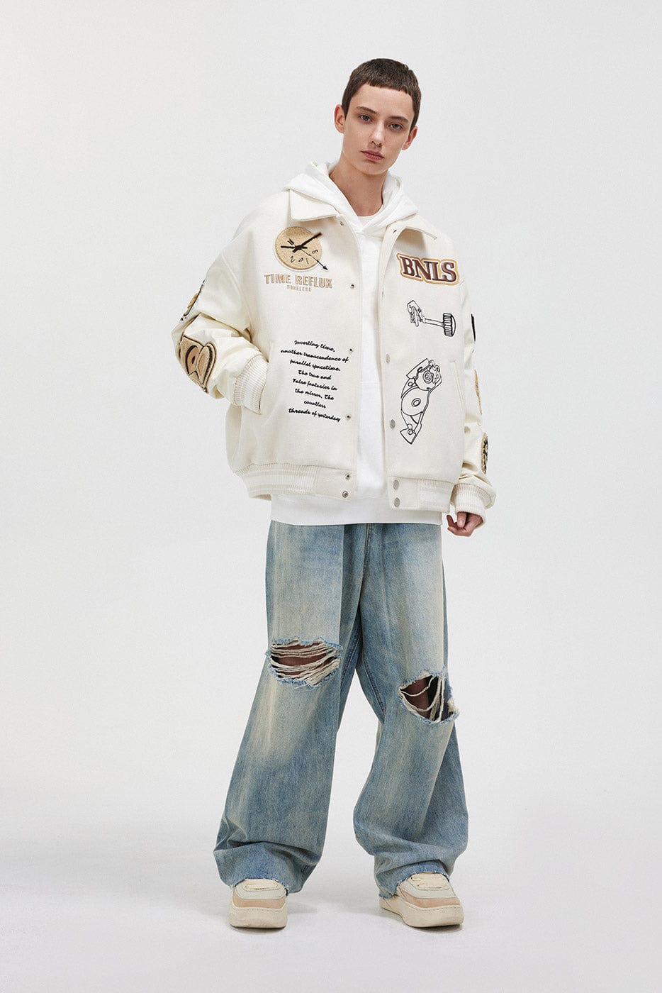 BONELESS Embroidered Pattern Faux Leather Varsity Jacket