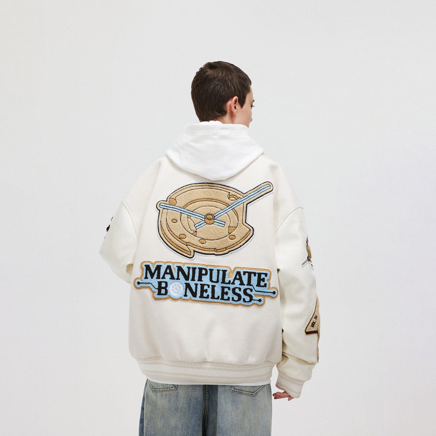 BONELESS Embroidered Pattern Faux Leather Varsity Jacket