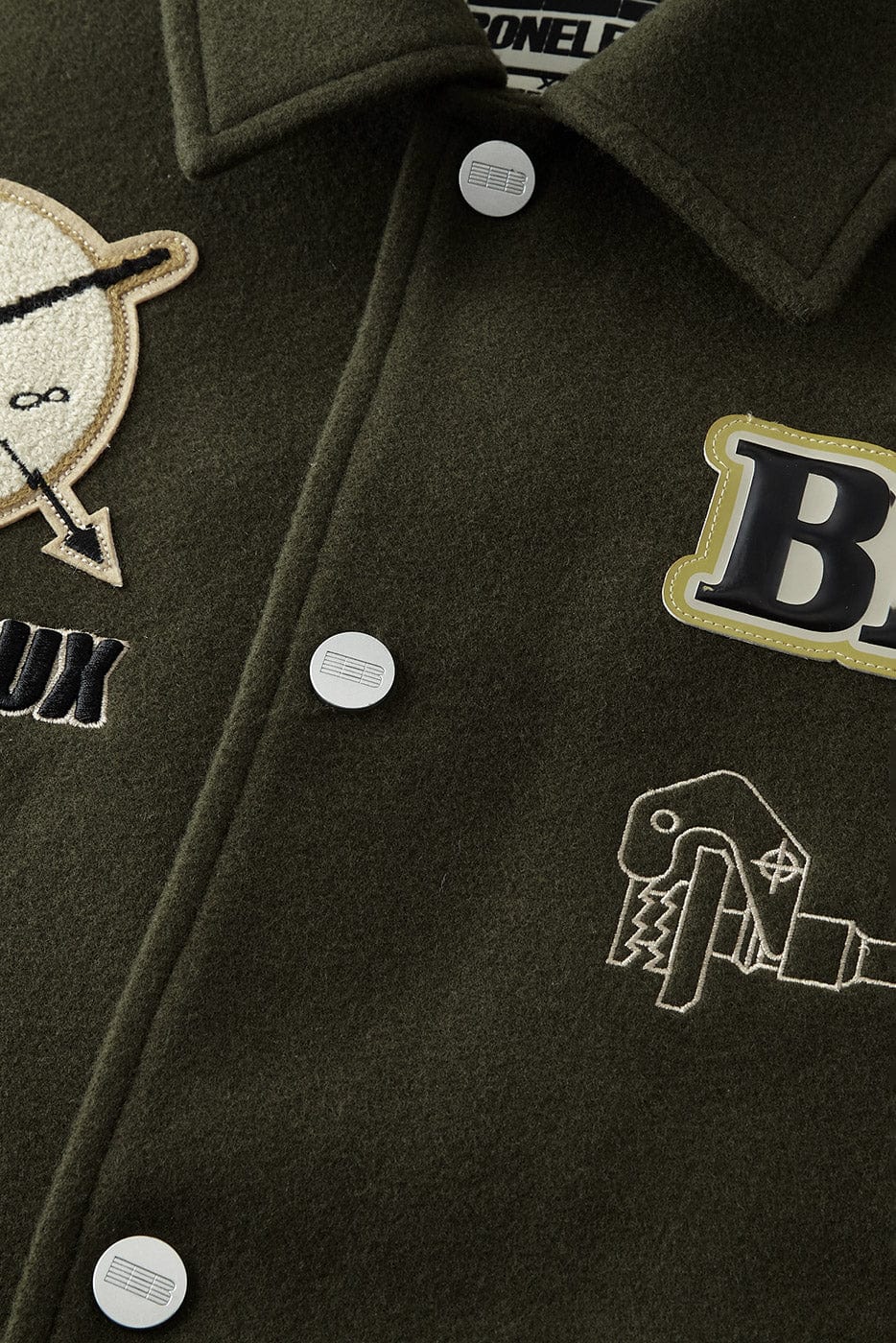 BONELESS Embroidered Pattern Faux Leather Varsity Jacket