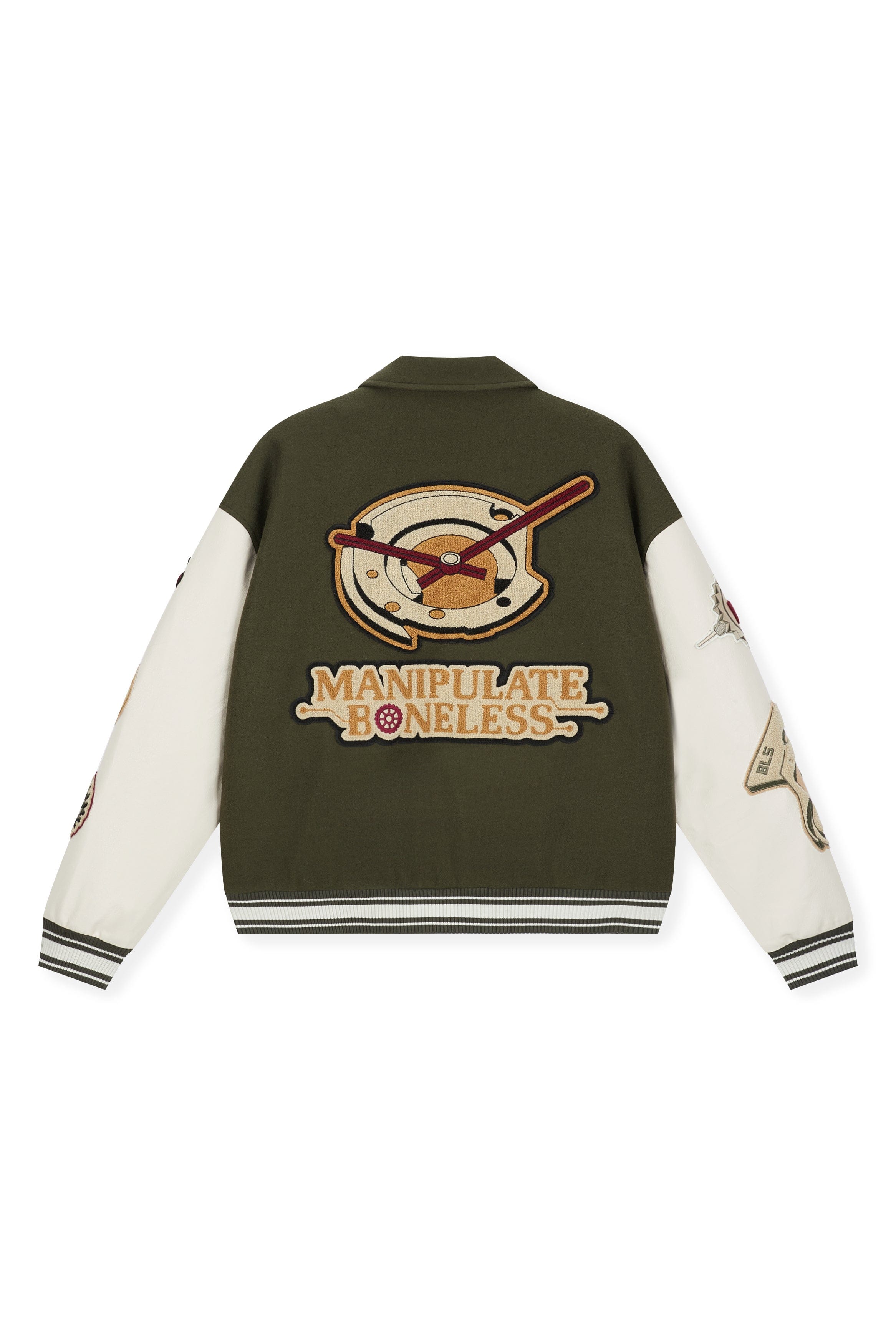BONELESS Embroidered Pattern Faux Leather Varsity Jacket