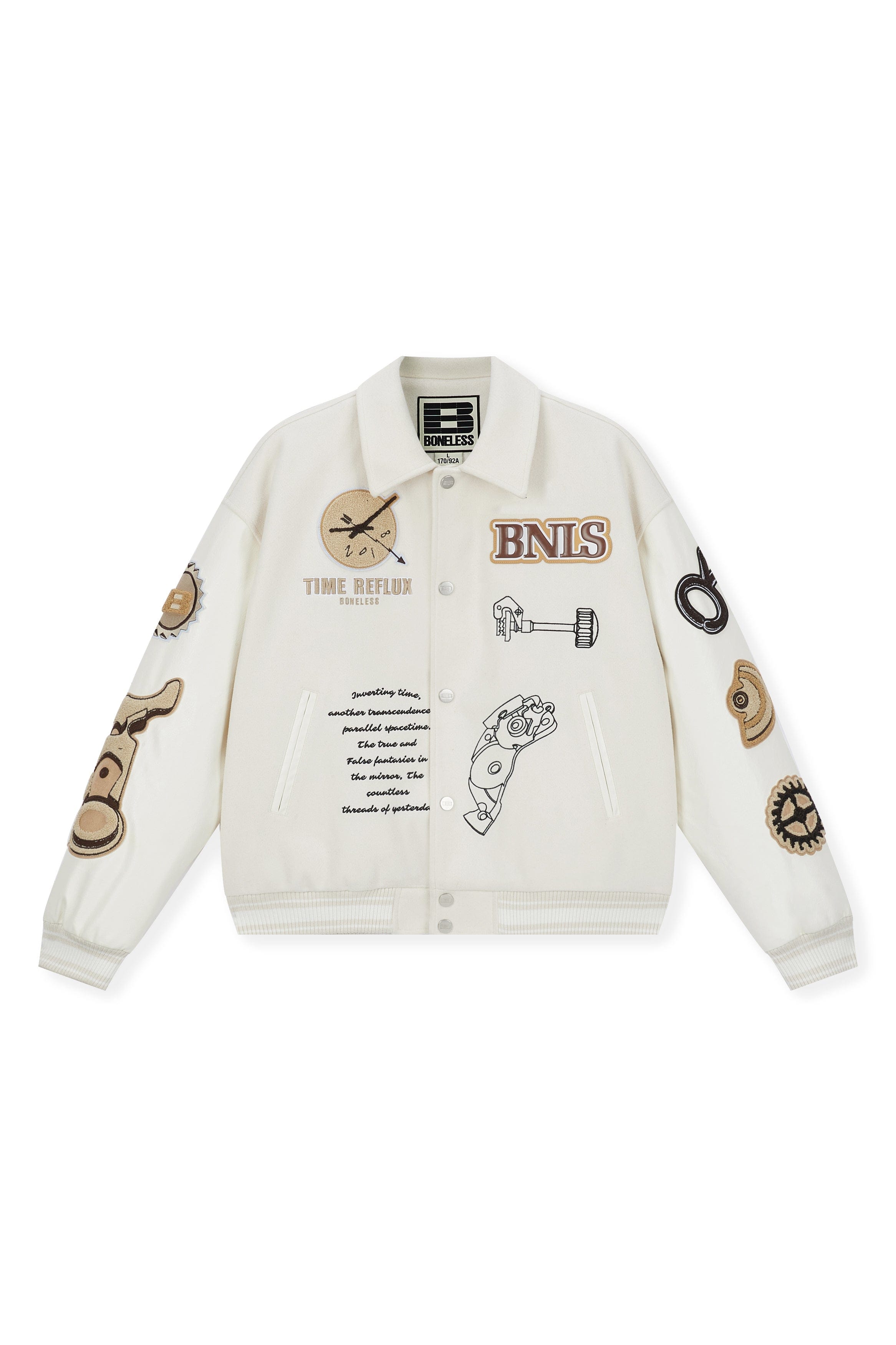 BONELESS Embroidered Pattern Faux Leather Varsity Jacket