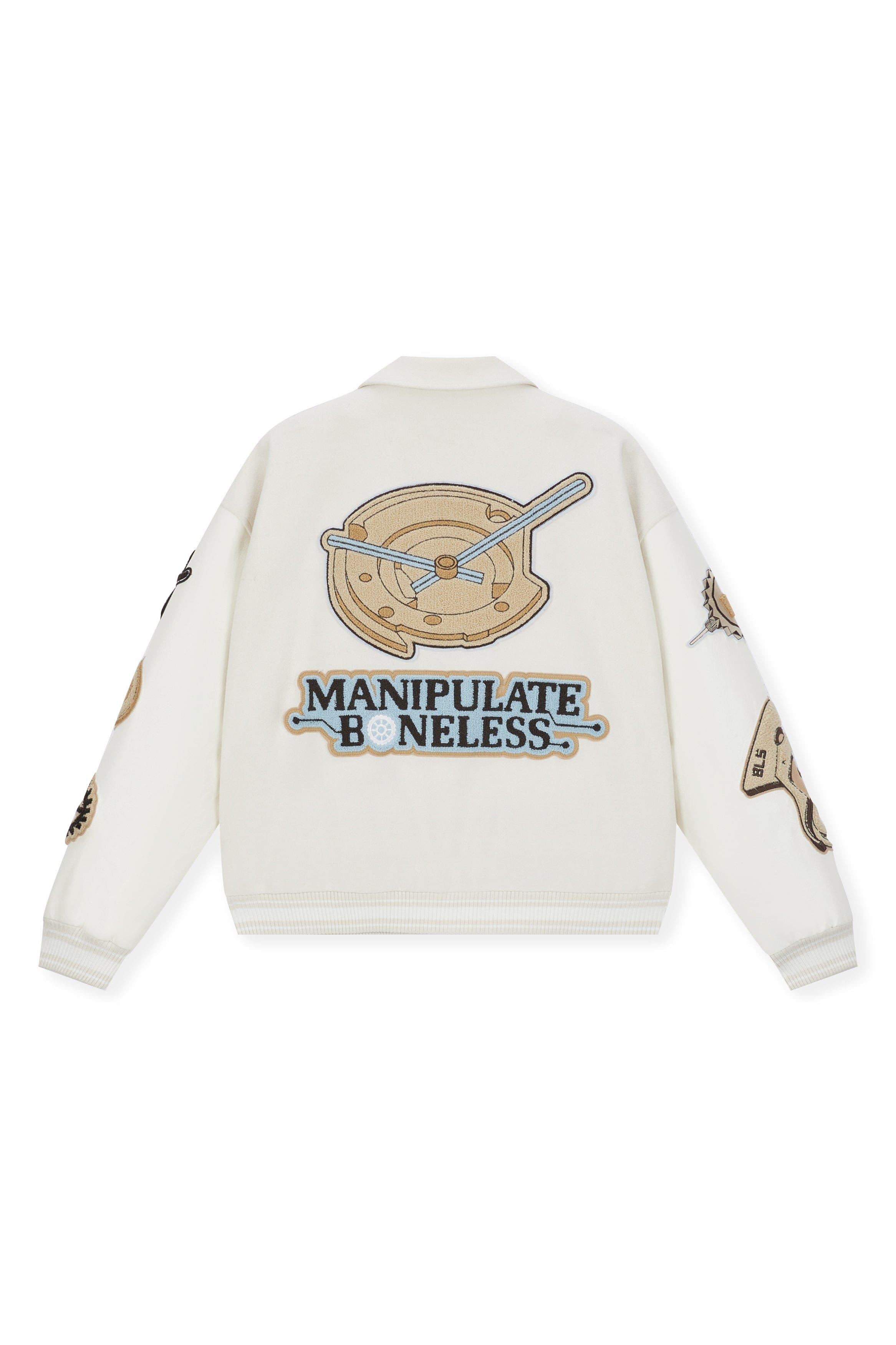 BONELESS Embroidered Pattern Faux Leather Varsity Jacket