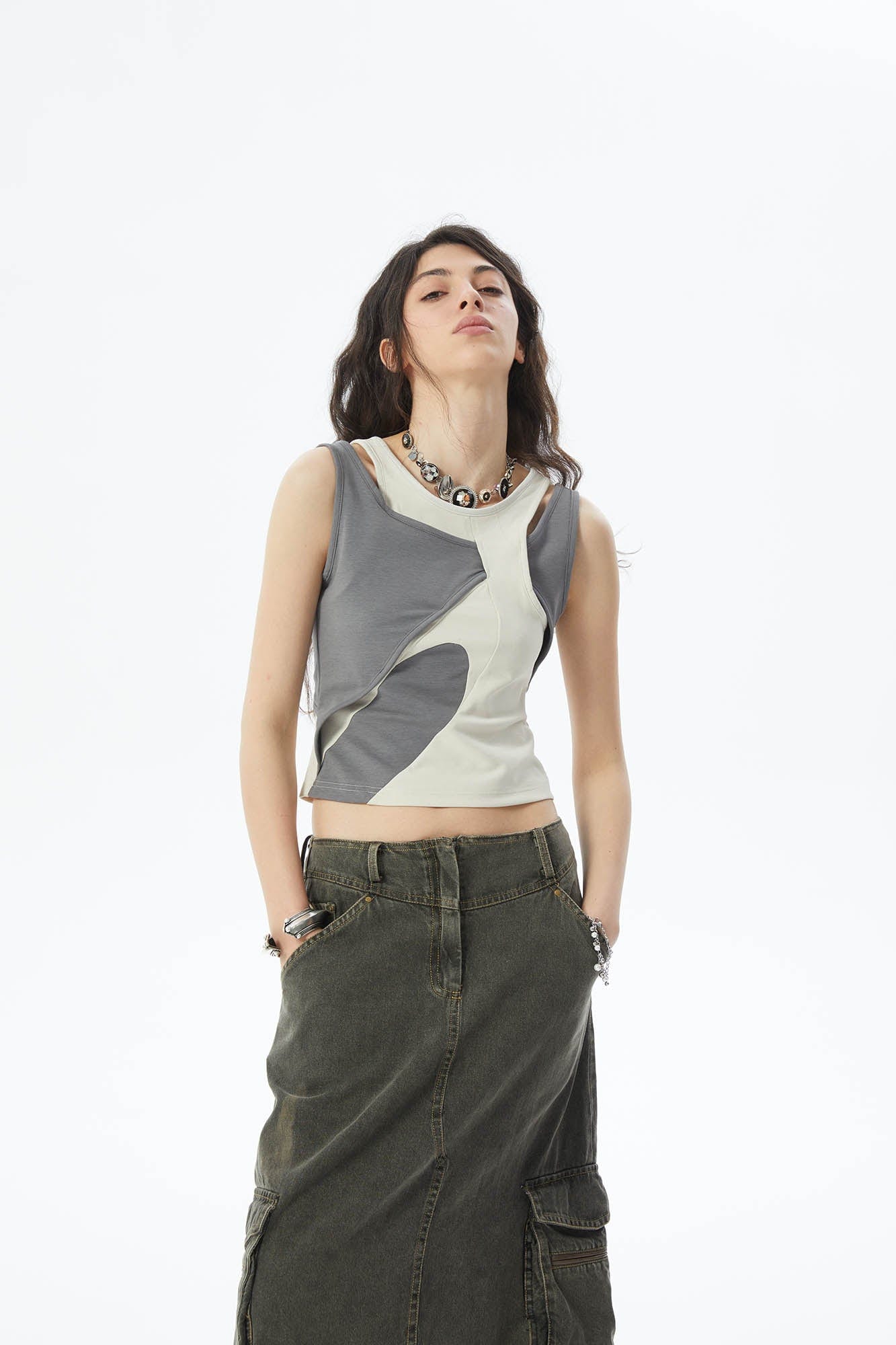ERROR CODE ROBOT Asymmetrical Contrast Layered Tank Top