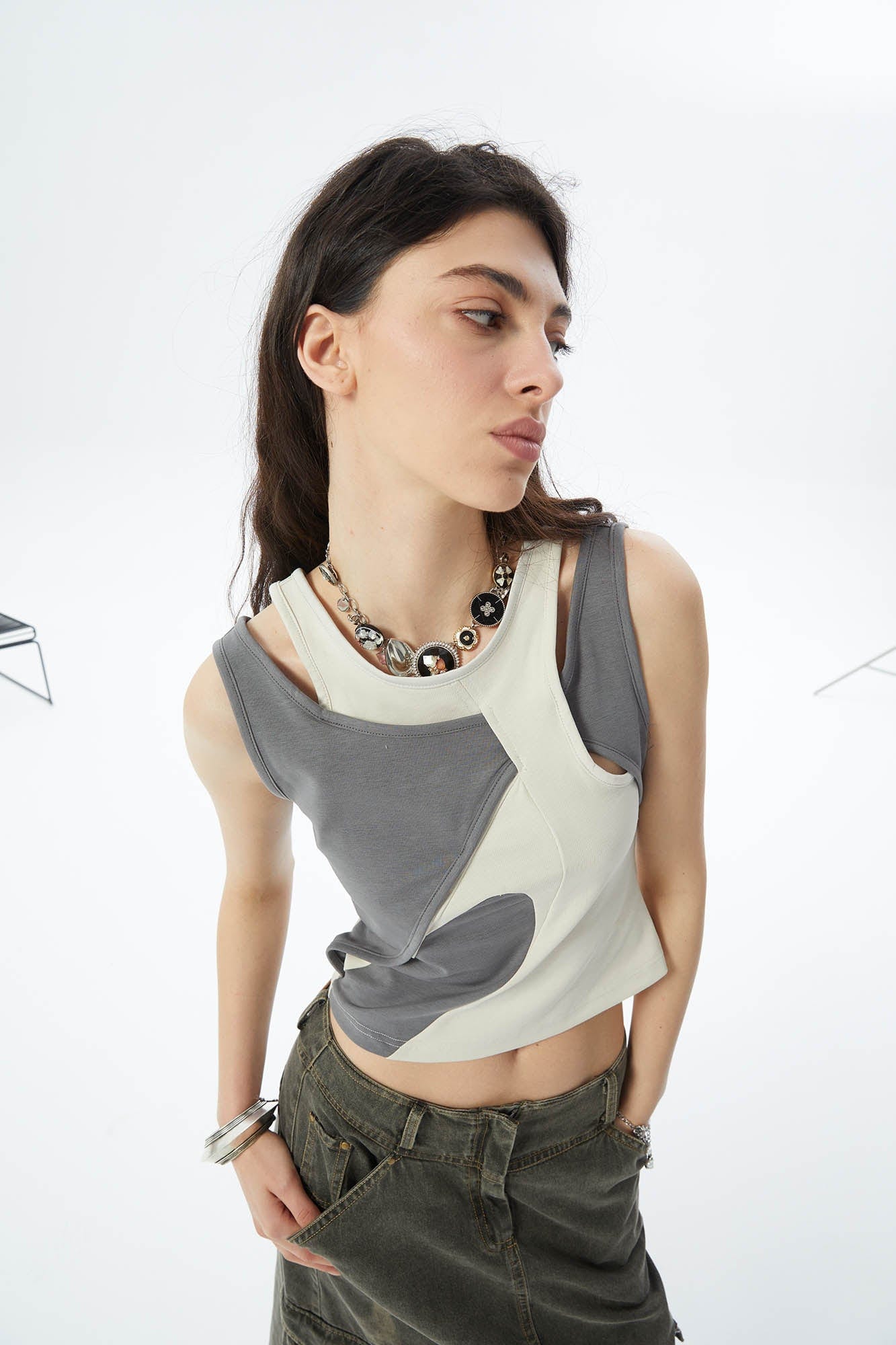 ERROR CODE ROBOT Asymmetrical Contrast Layered Tank Top