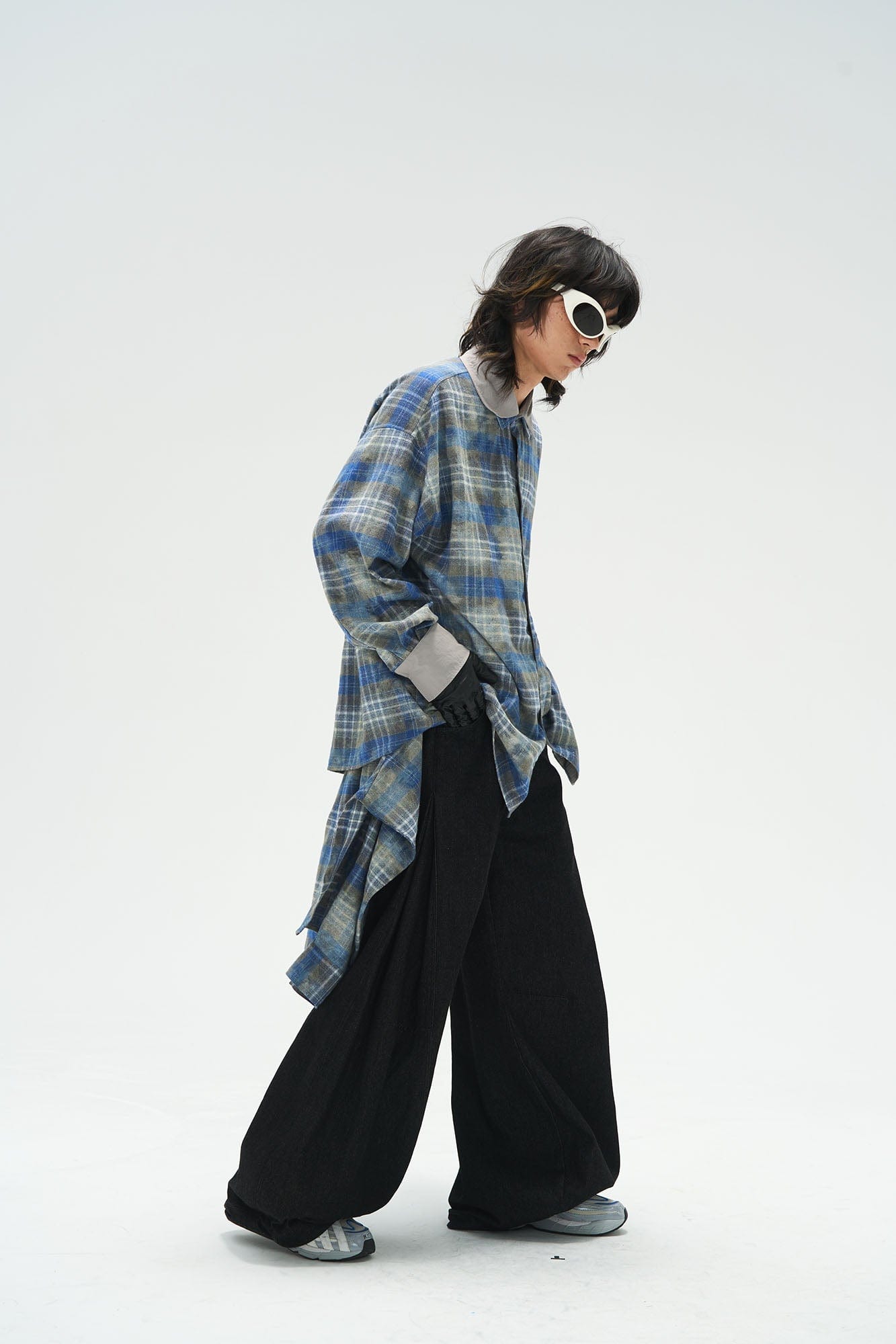 RELABEL Detachable Plaid Flap Panel Wide-Leg Pants