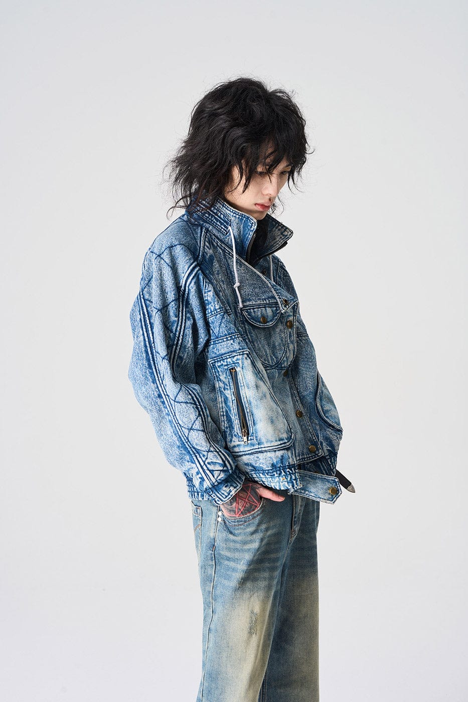 EPIC POETRY Deconstructed Washed Denim Biker Jacket