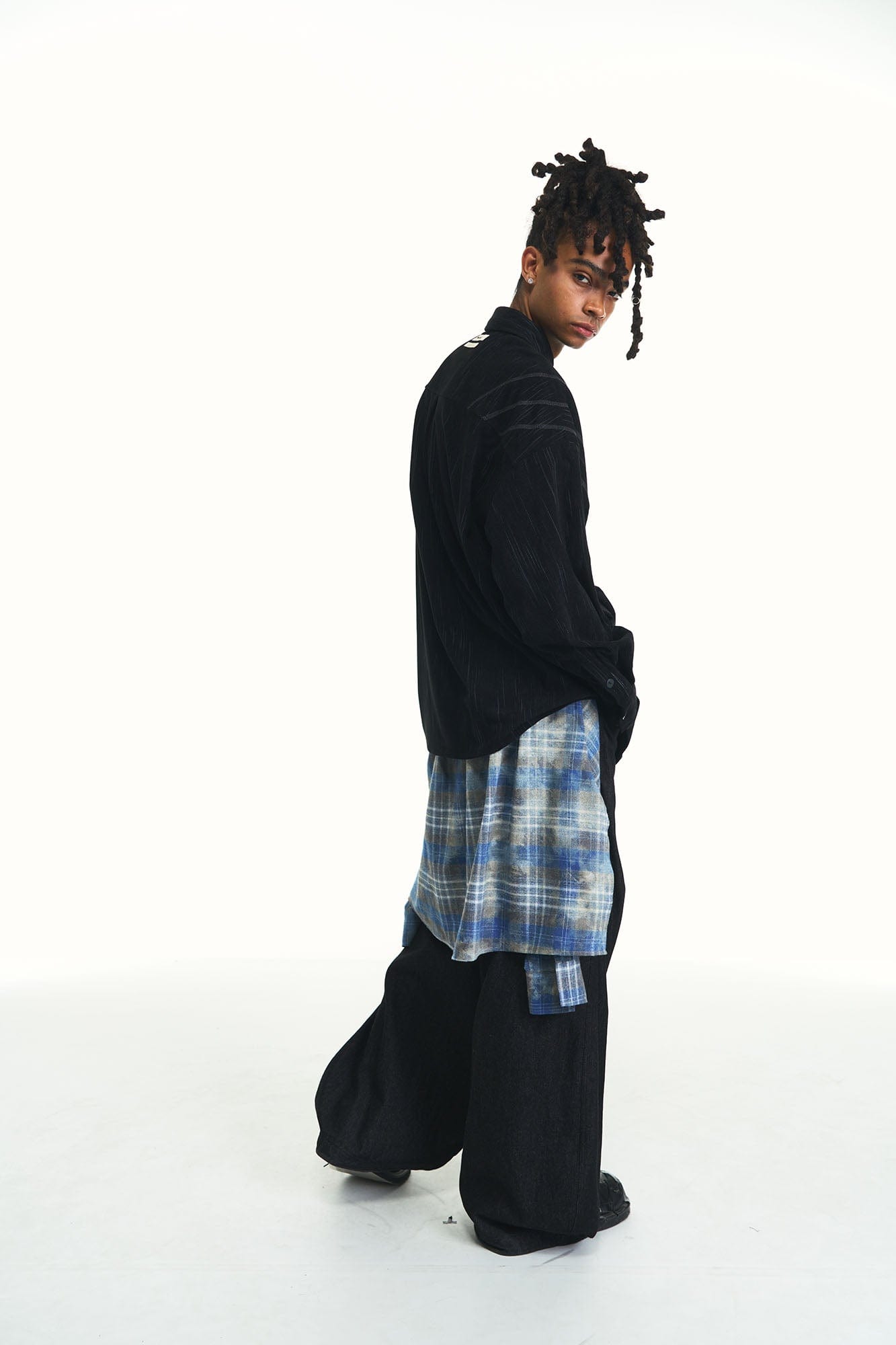 RELABEL Detachable Plaid Flap Panel Wide-Leg Pants