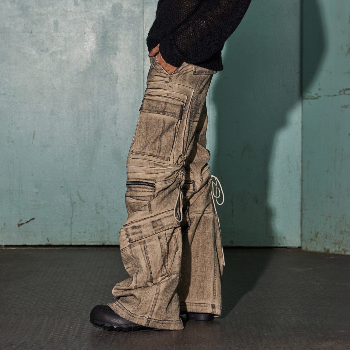 DND4DES Distressed Drawstring Crinkled Zipper Cargo