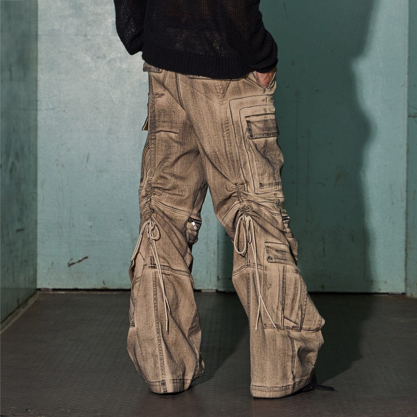 DND4DES Distressed Drawstring Crinkled Zipper Cargo