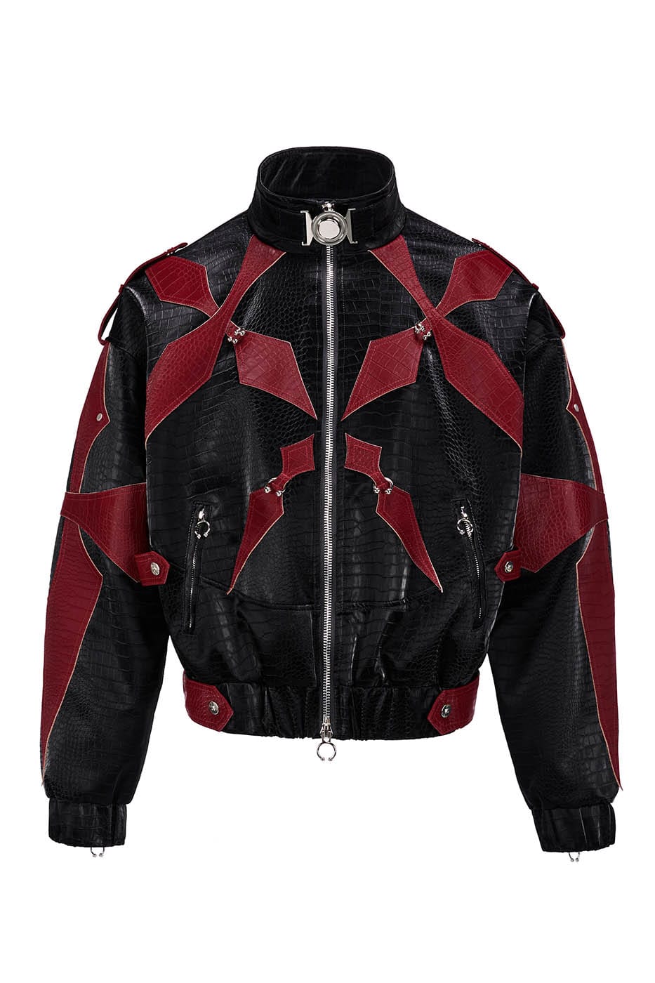 FLYERRER Four-Pointed Star Rivet Faux Feather Biker Jacket Red
