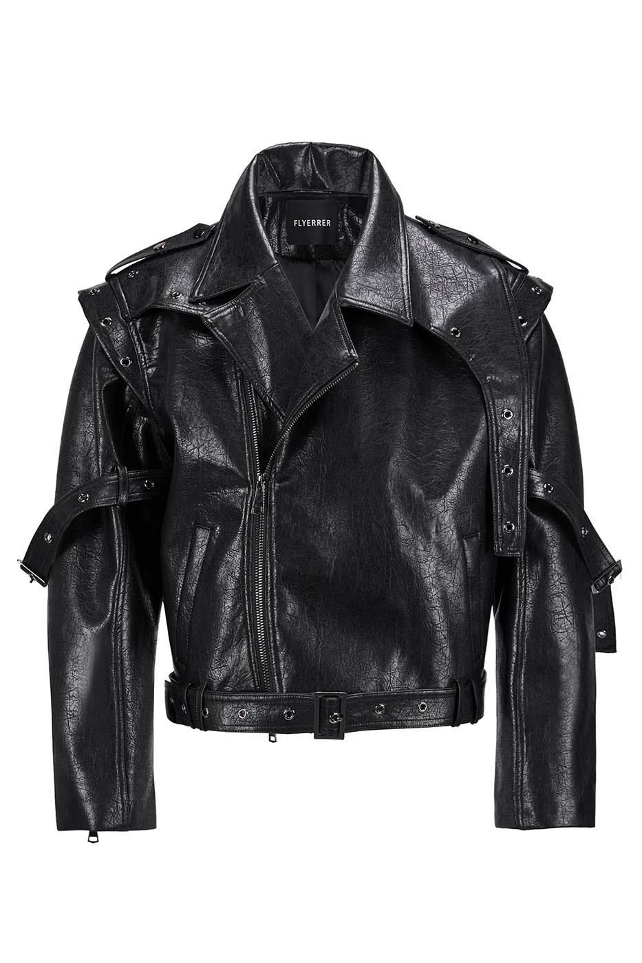 FLYERRER Asymmetrical Hoop-Hole Faux Leather Jacket