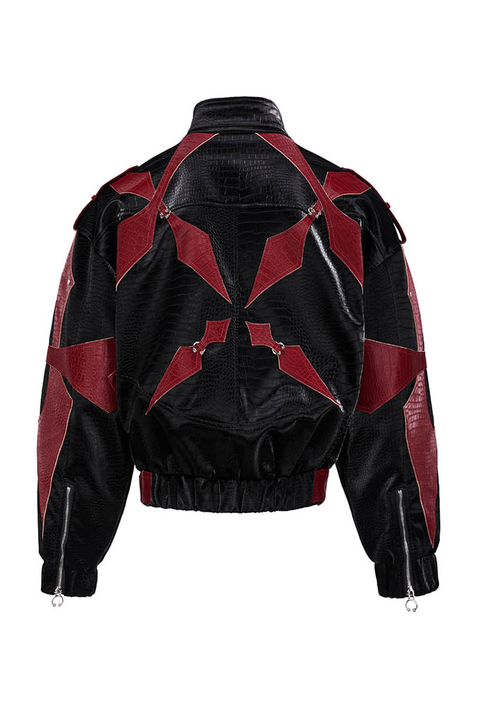 FLYERRER Four-Pointed Star Rivet Faux Feather Biker Jacket Red