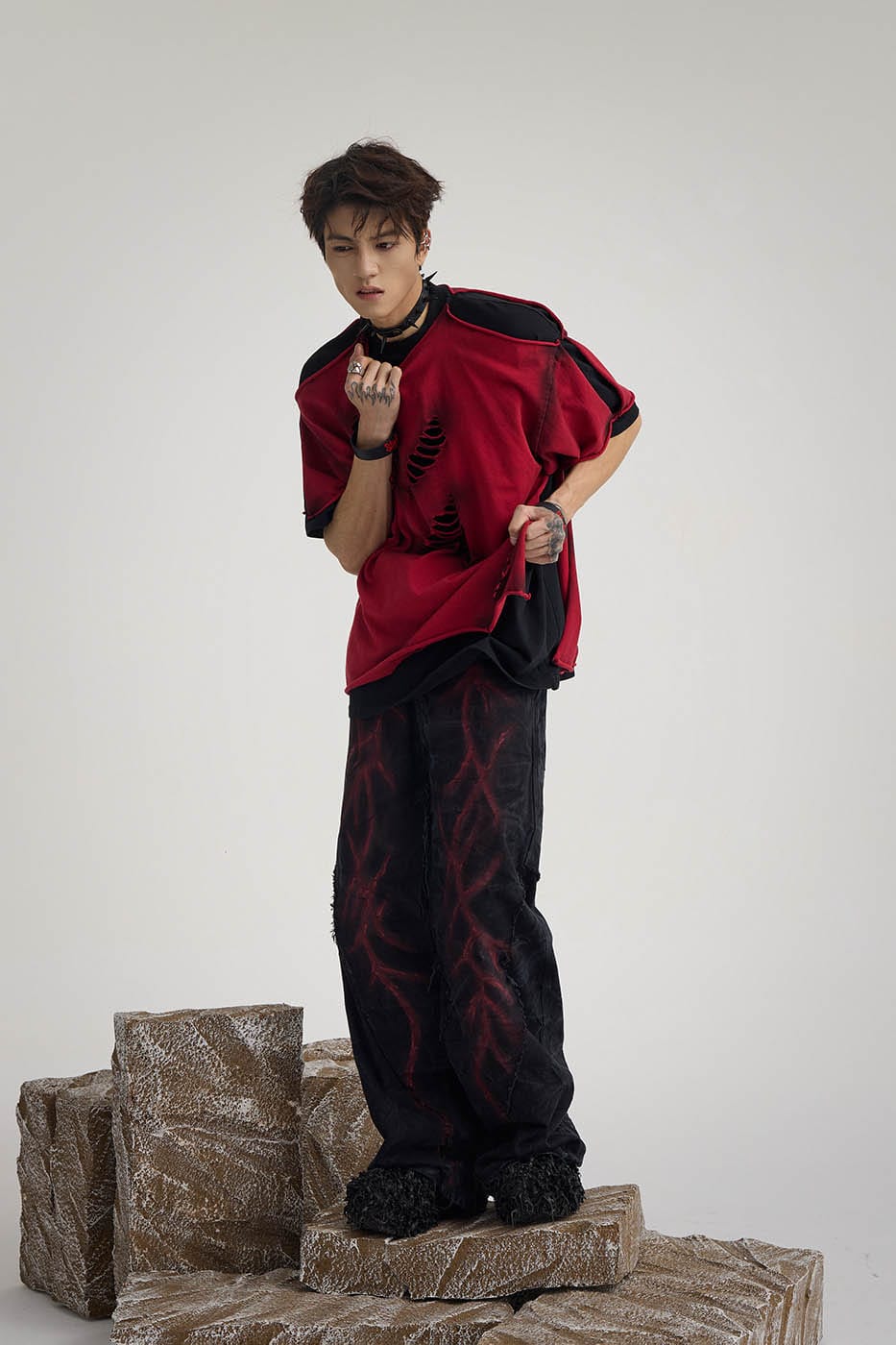 FLYERRER Double-Layered Ripped T-Shirt Red