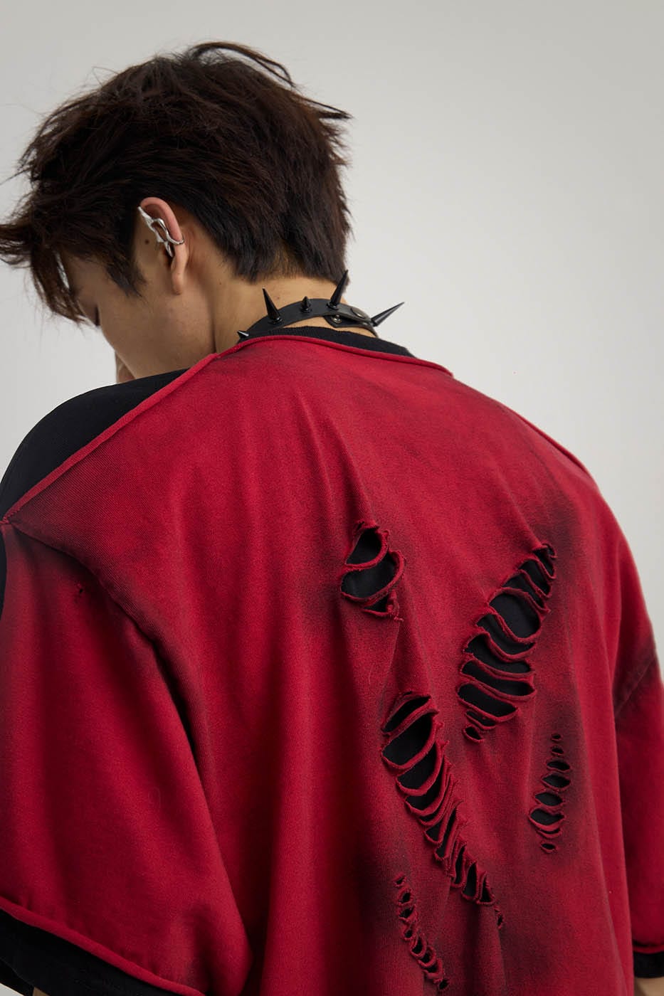FLYERRER Double-Layered Ripped T-Shirt Red