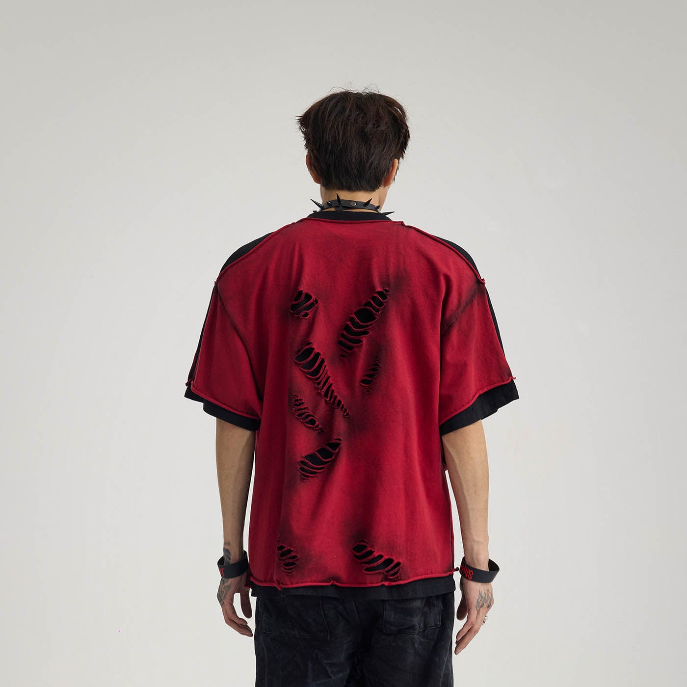 FLYERRER Double-Layered Ripped T-Shirt Red