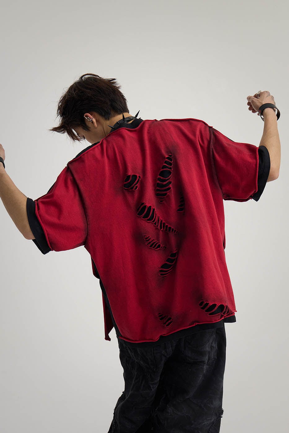 FLYERRER Double-Layered Ripped T-Shirt Red