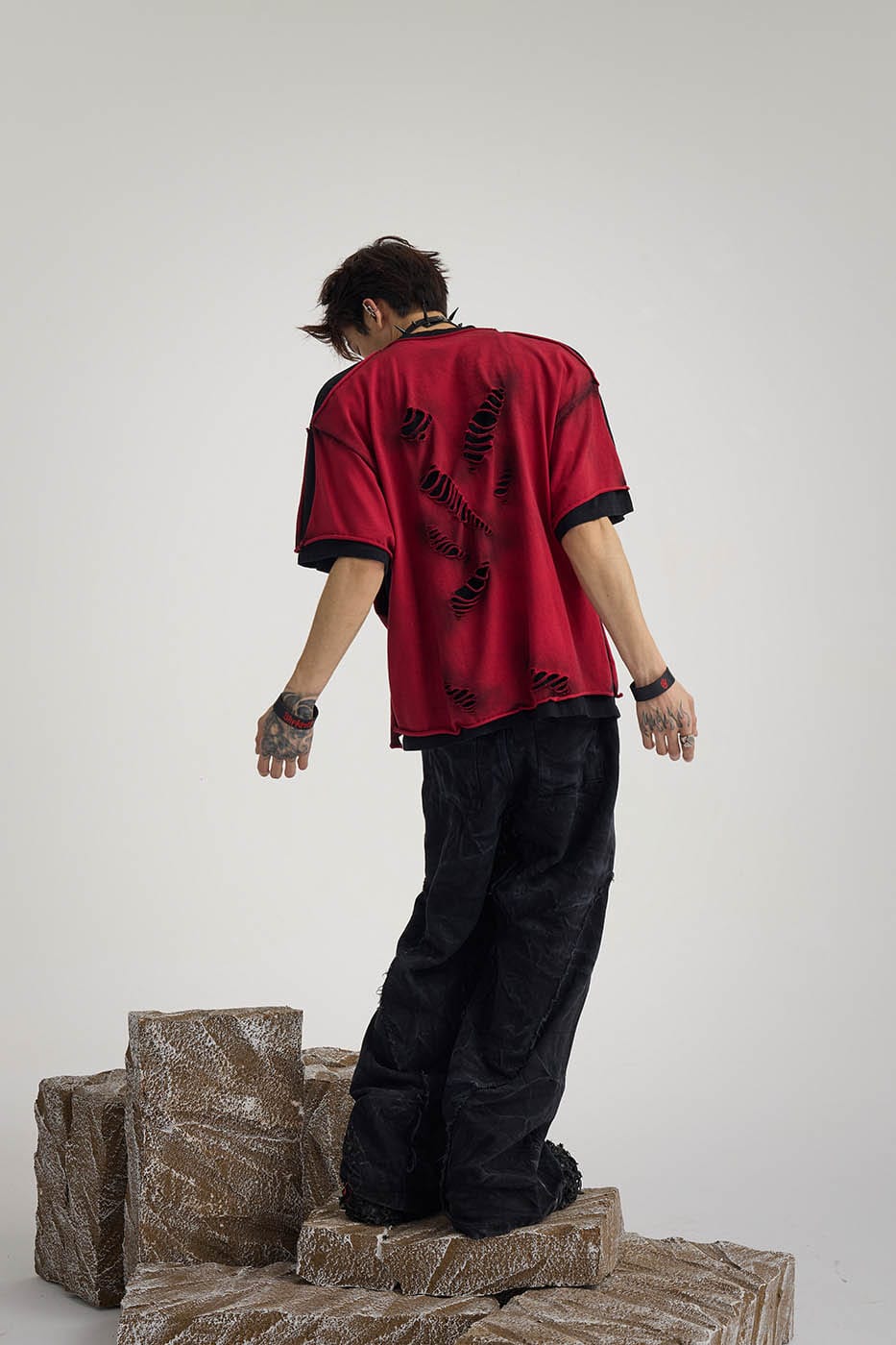 FLYERRER Double-Layered Ripped T-Shirt Red