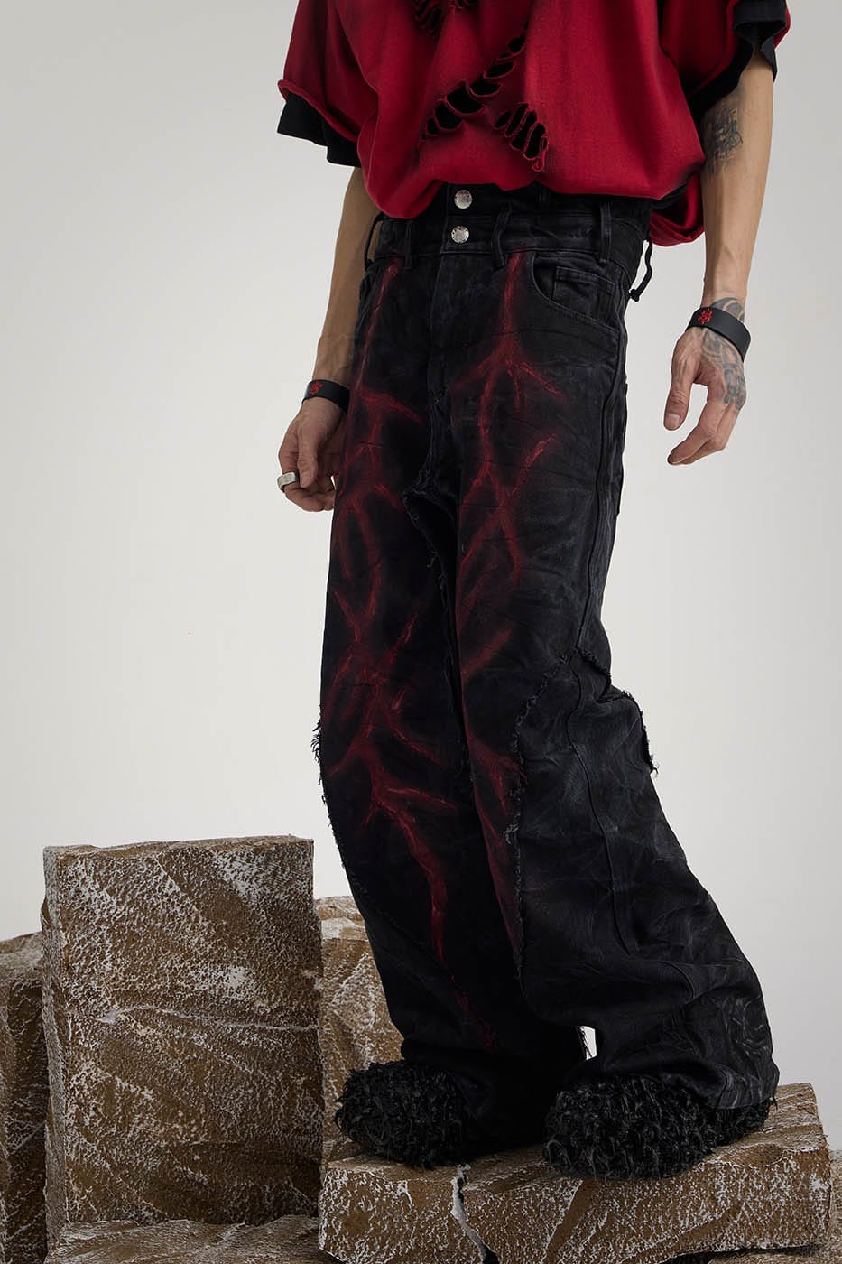 FLYERRER Spliced Raw Edge Doodle Wrinkled Jeans
