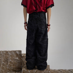 FLYERRER Spliced Raw Edge Doodle Wrinkled Jeans