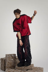 FLYERRER Spliced Raw Edge Doodle Wrinkled Jeans