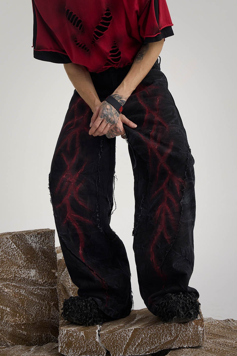 FLYERRER Spliced Raw Edge Doodle Wrinkled Jeans