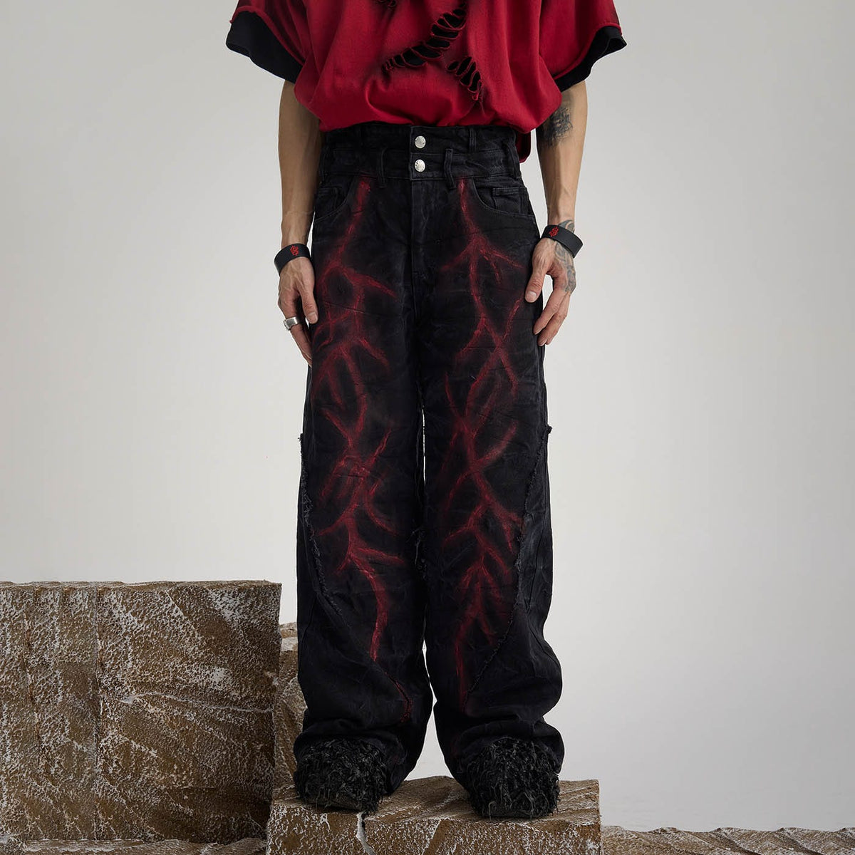 FLYERRER Spliced Raw Edge Doodle Wrinkled Jeans