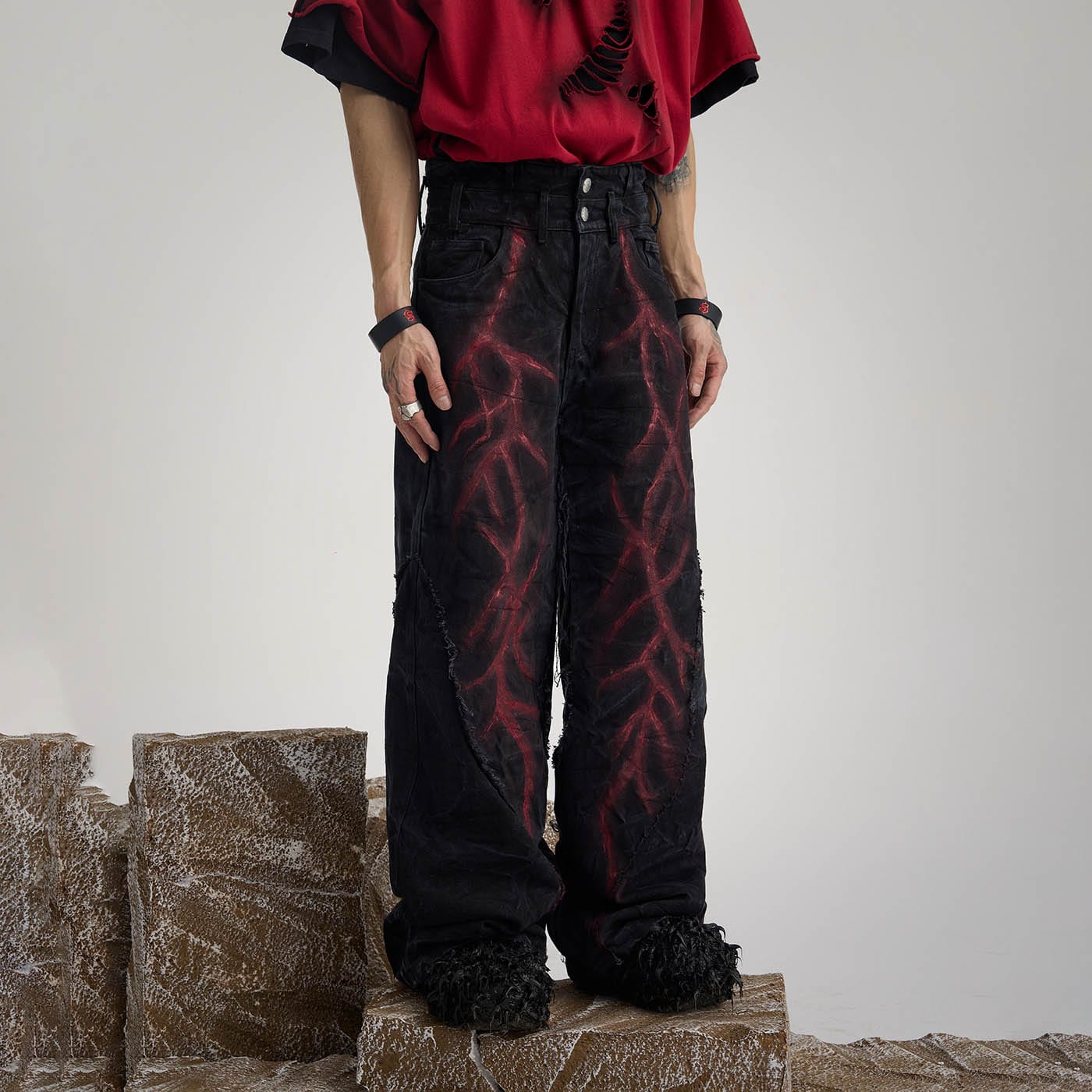 FLYERRER Spliced Raw Edge Doodle Wrinkled Jeans