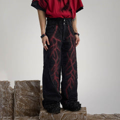 FLYERRER Spliced Raw Edge Doodle Wrinkled Jeans