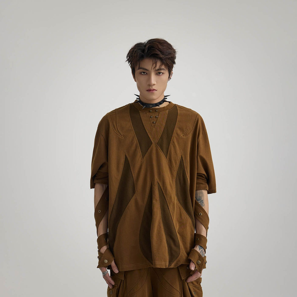 FLYERRER Deconstructed Spliced Strap Rivet T-Shirt