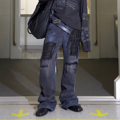 TRIANGLE PROJECT Faded Distressed Patchwork Flared Jeans