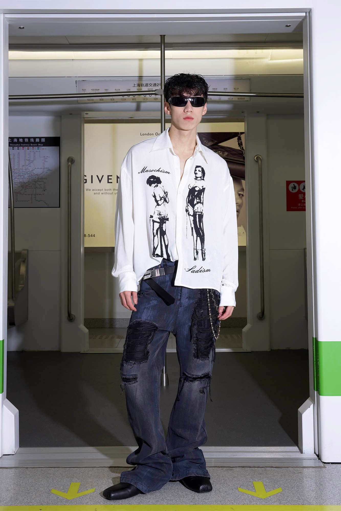 TRIANGLE PROJECT Faded Distressed Patchwork Flared Jeans