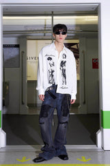 TRIANGLE PROJECT Faded Distressed Patchwork Flared Jeans