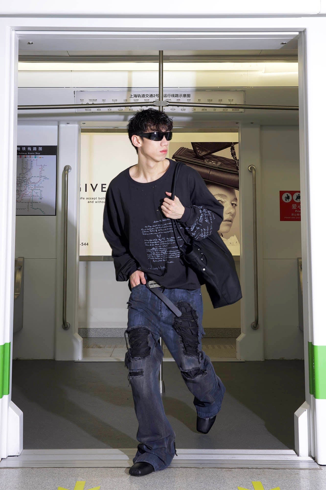TRIANGLE PROJECT Faded Distressed Patchwork Flared Jeans