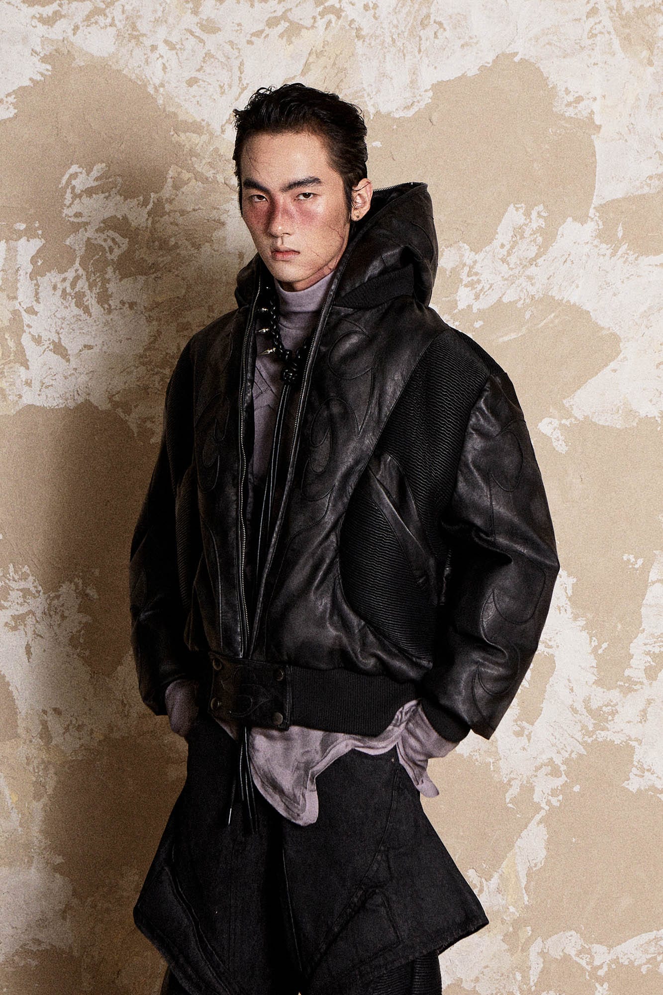 FLYERRER Mutation Full-Zip Spliced Faux Leather Hooded Jacket