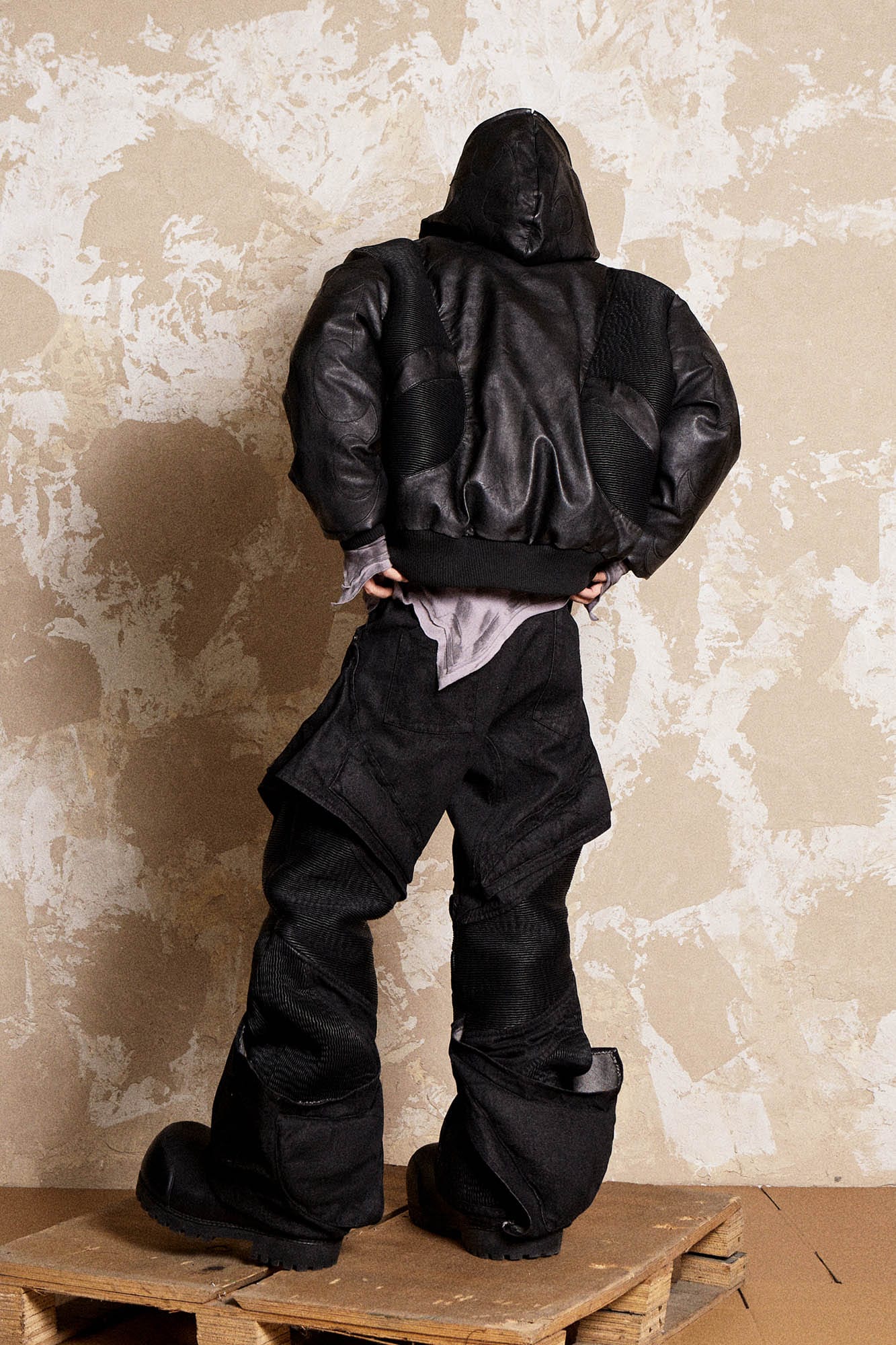 FLYERRER Mutation Full-Zip Spliced Faux Leather Hooded Jacket