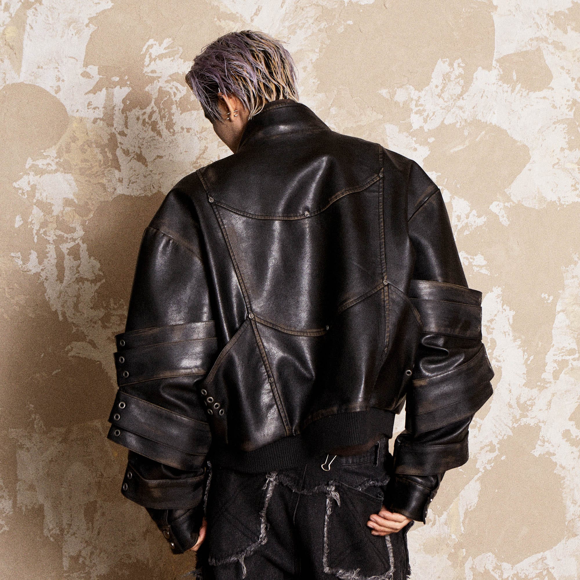 FLYERRER Mutation Layered Armor Spliced Faux Leather Jacket