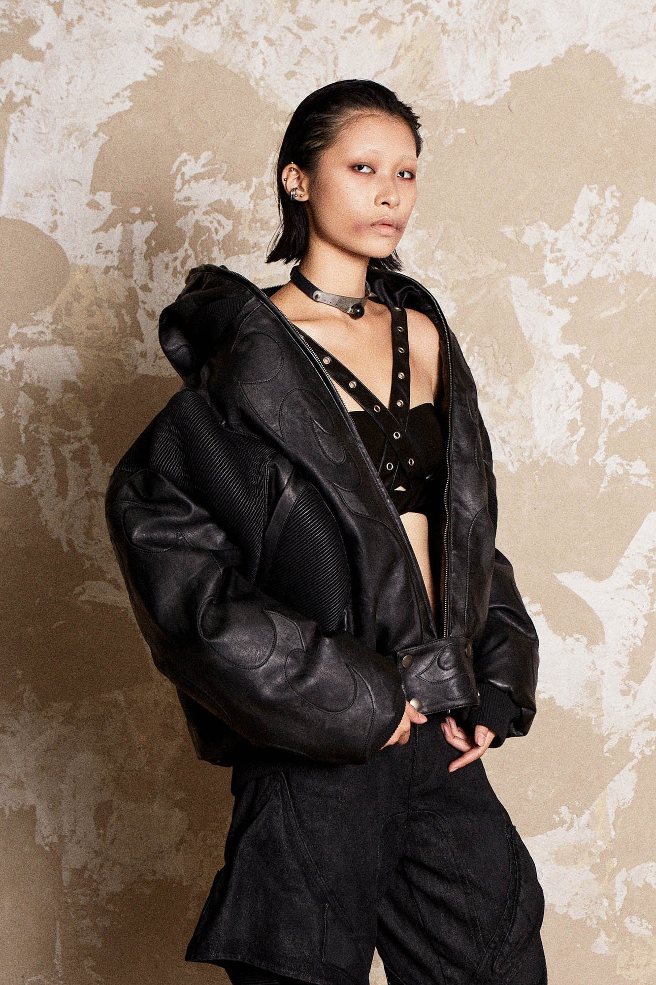 FLYERRER Mutation Full-Zip Spliced Faux Leather Hooded Jacket