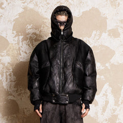 FLYERRER Mutation Full-Zip Spliced Faux Leather Hooded Jacket