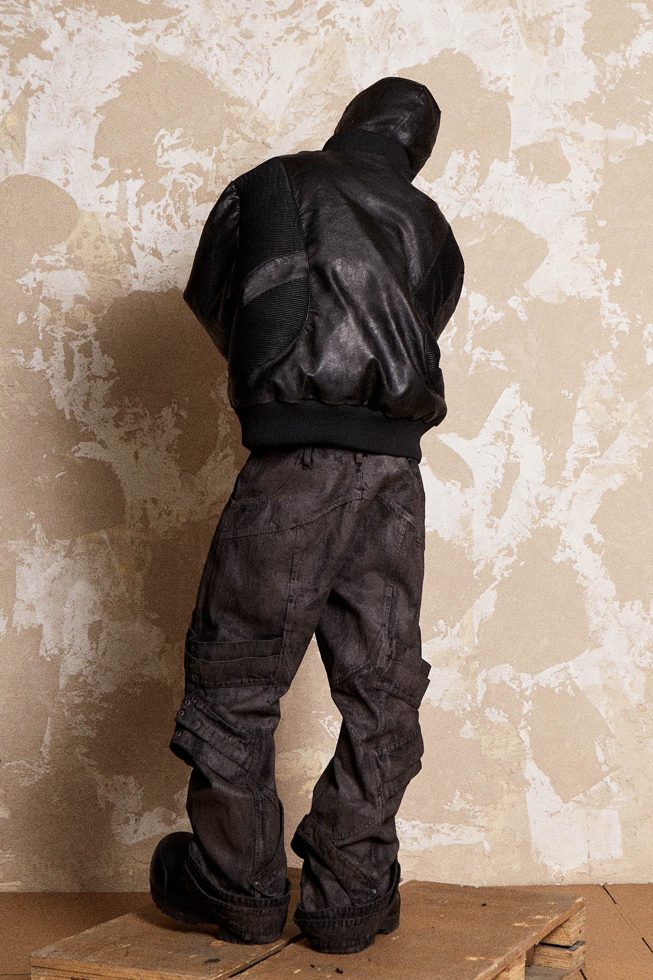 FLYERRER Mutation Full-Zip Spliced Faux Leather Hooded Jacket