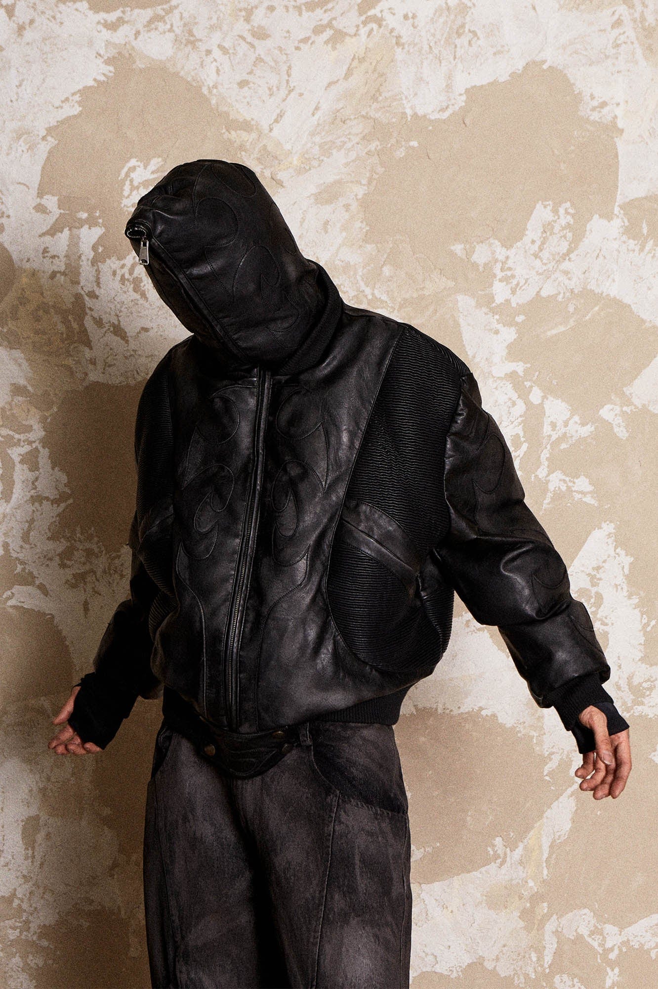 FLYERRER Mutation Full-Zip Spliced Faux Leather Hooded Jacket