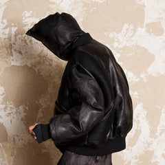 FLYERRER Mutation Full-Zip Spliced Faux Leather Hooded Jacket