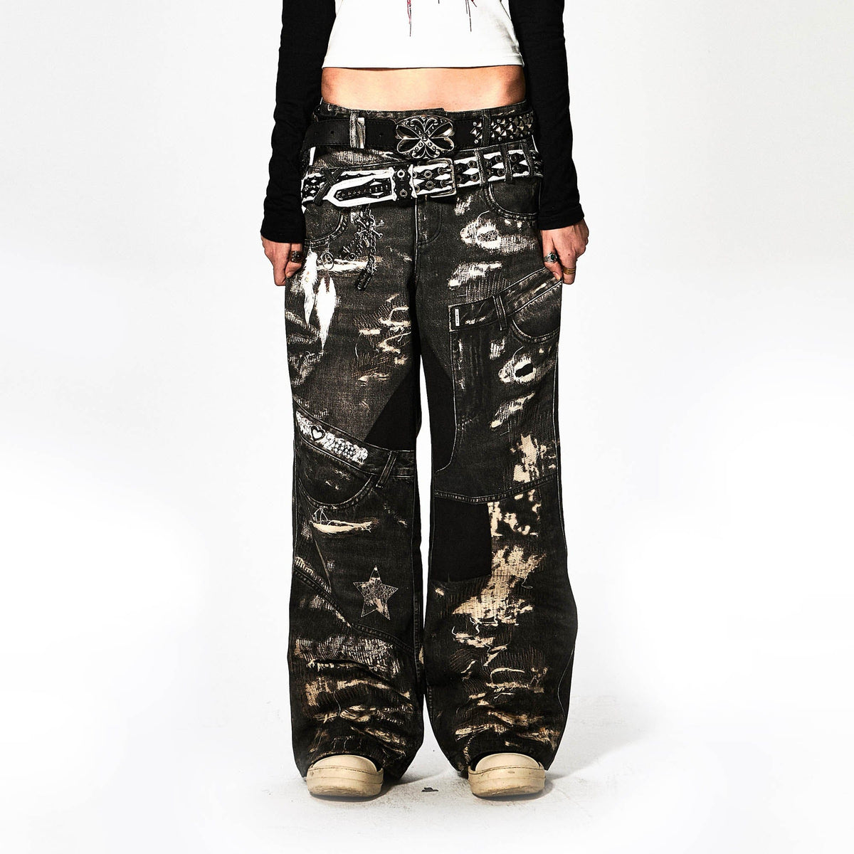 DND4DES×Faychui Deconstructed Graphic Double-Waist Distressed Jeans