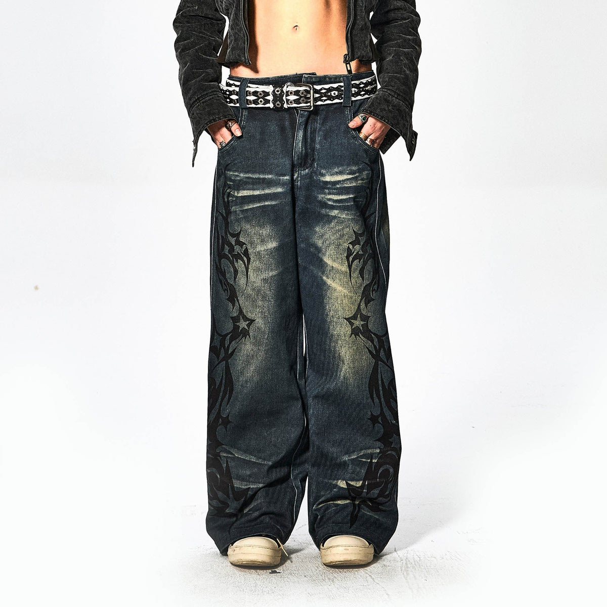 DND4DES×Faychui Acid Graphics Distressed Wide-Leg Jeans