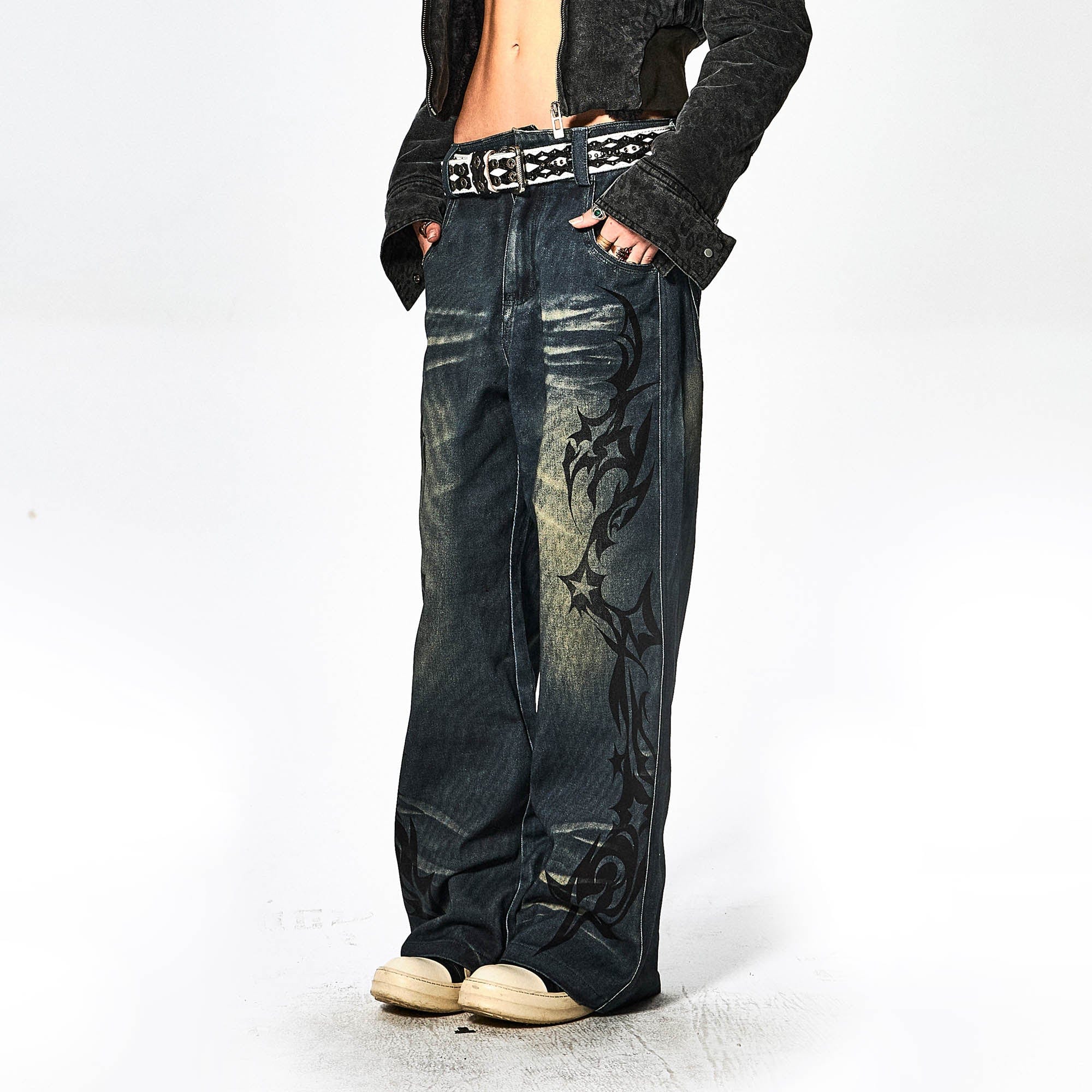 DND4DES×Faychui Acid Graphics Distressed Wide-Leg Jeans