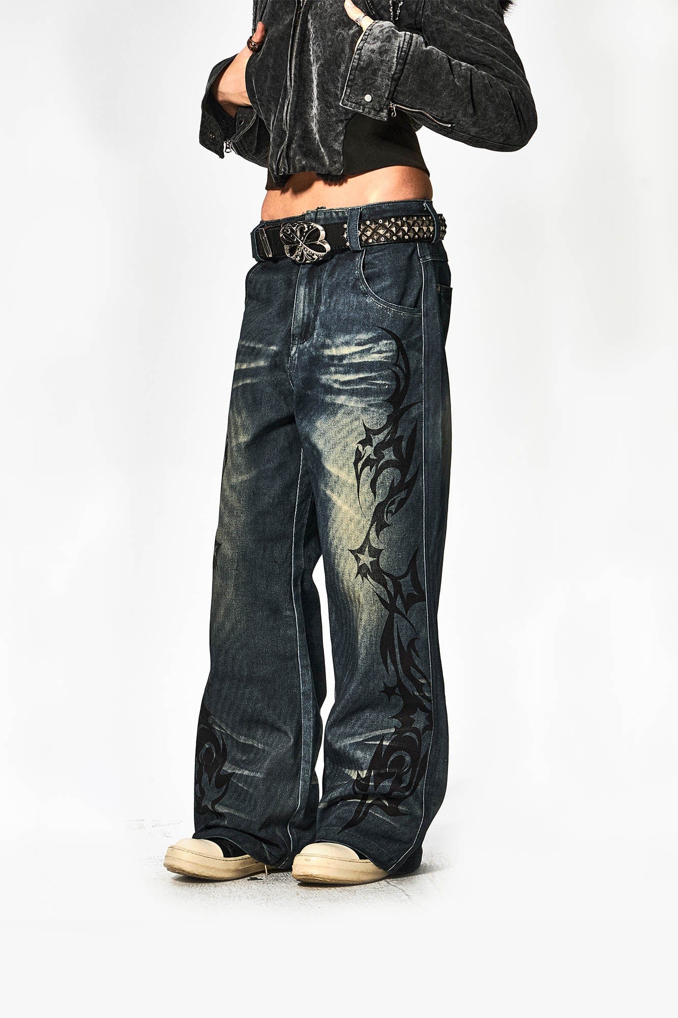 DND4DES×Faychui Acid Graphics Distressed Wide-Leg Jeans