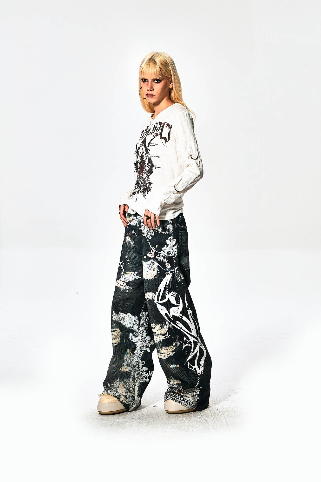 DND4DES×Faychui Patterned Lace Graphics Wide-Leg Jeans