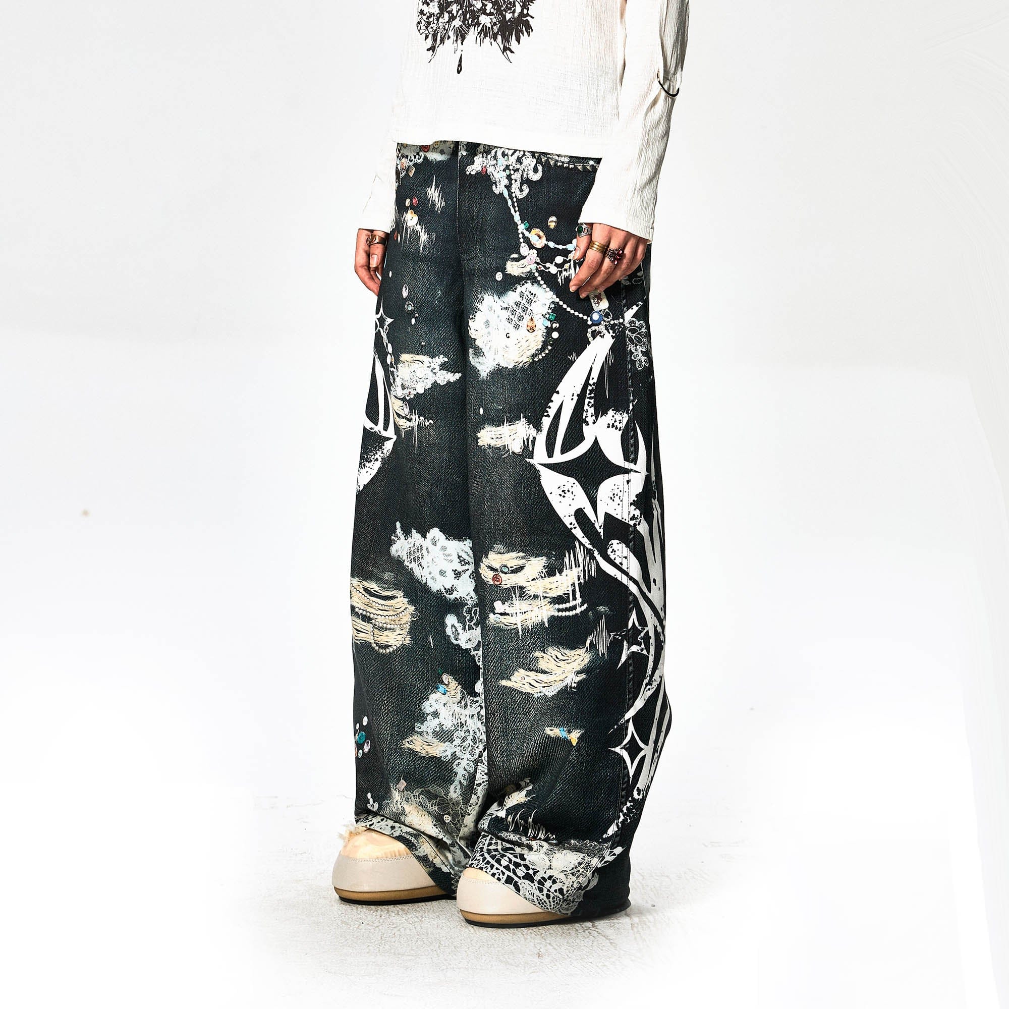 DND4DES×Faychui Patterned Lace Graphics Wide-Leg Jeans