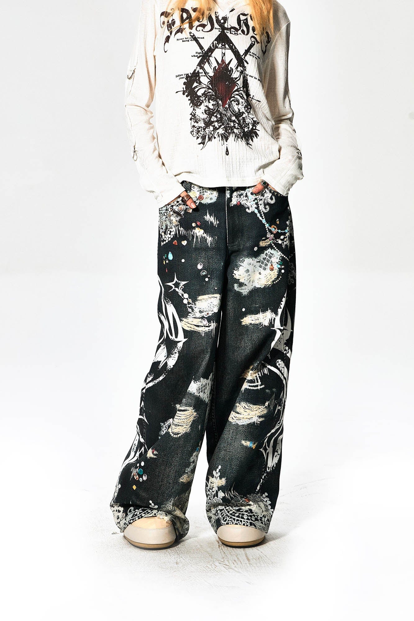DND4DES×Faychui Patterned Lace Graphics Wide-Leg Jeans