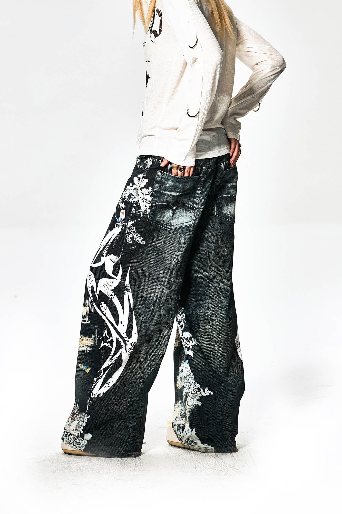 DND4DES×Faychui Patterned Lace Graphics Wide-Leg Jeans