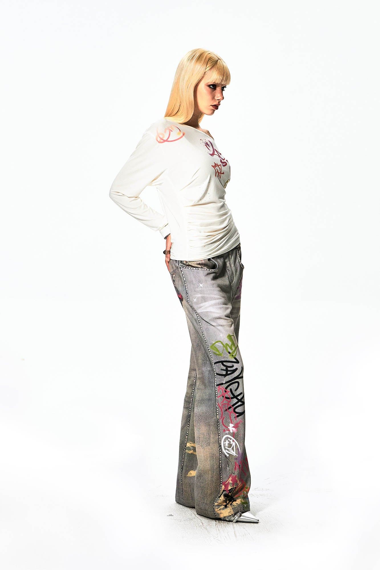 DND4DES×Faychui Distressed Graffiti Flared Pants